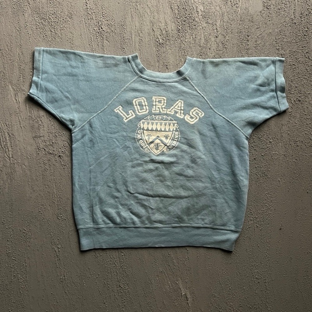 Vintage Loras College Short Sleeve Sweatshirt Medium Blue 1960s USA